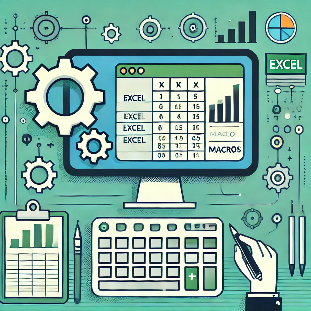 DALL·E 2024-09-19 22.16.05 – Create an image showing the automation of tasks in Excel using macros. The design should include a computer screen with the Excel interface and a macr