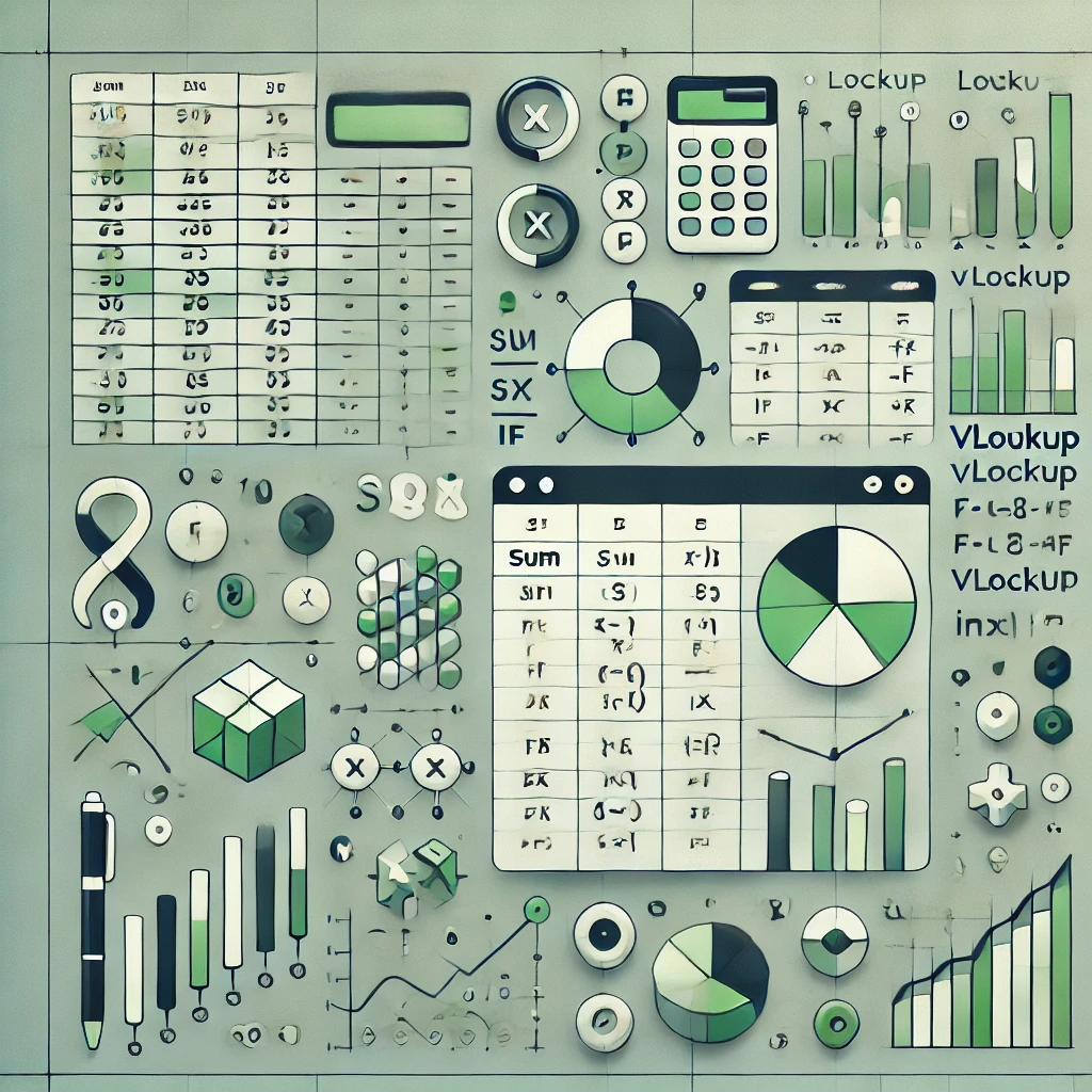 DALL·E 2024-09-19 22.20.58 – Create an image that represents the mastery of key Excel functions, such as SUM, VLOOKUP, IF, and INDEX. The image should depict a spreadsheet with th