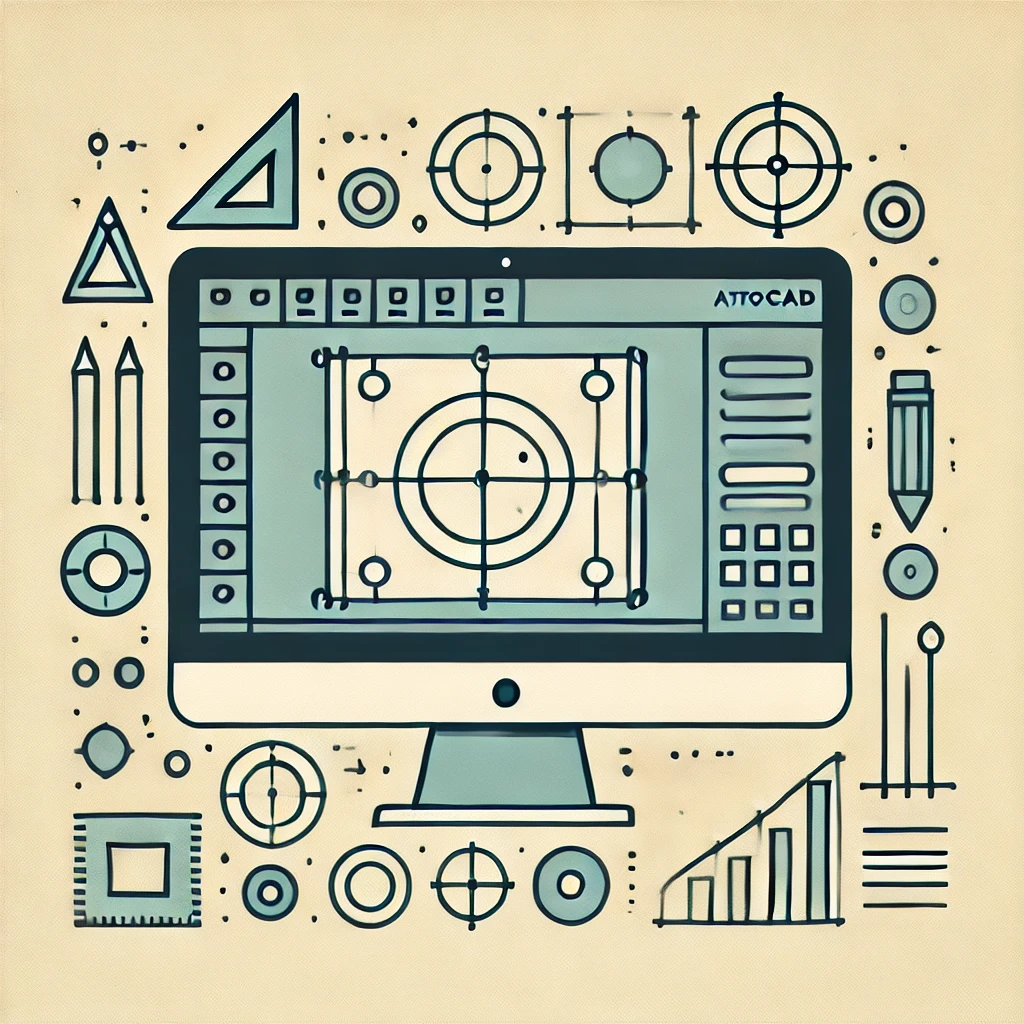 DALL·E 2024-09-19 22.44.39 – Create an image that represents basic concepts of AutoCAD. The image should show a computer screen with a 2D drawing in AutoCAD, including simple shap