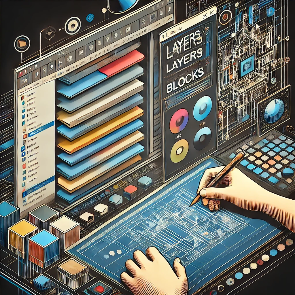 DALL·E 2024-09-19 22.45.53 – Create an image that represents the management of layers and blocks in AutoCAD. The image should depict the AutoCAD interface with multiple layers vis