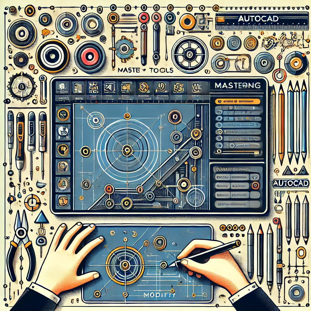 DALL·E 2024-09-19 22.50.05 – Create an image that represents mastering the main tools in AutoCAD. Show the AutoCAD interface with essential tools like the line, circle, and modify