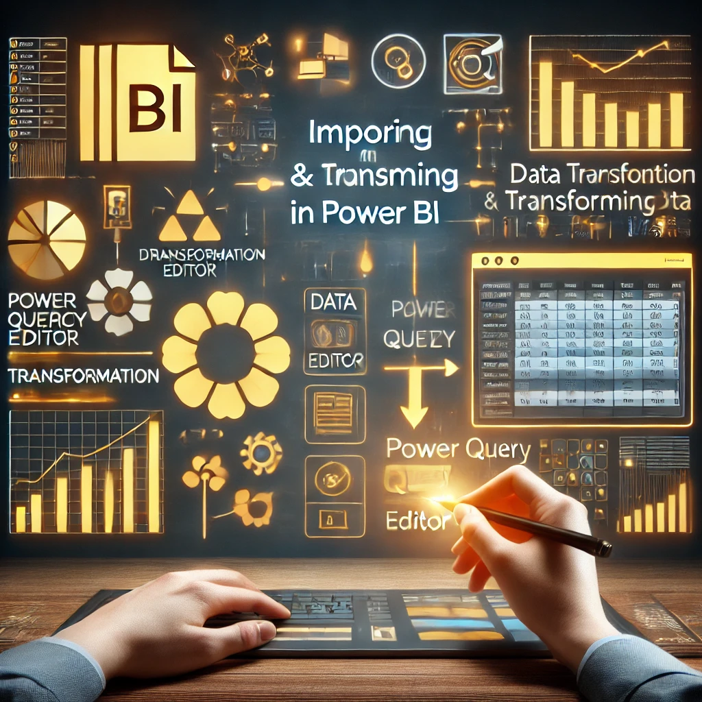 DALL·E 2024-09-20 09.13.44 – Create an image that represents importing and transforming data in Power BI. Show the Power BI interface with multiple data sources being loaded and a