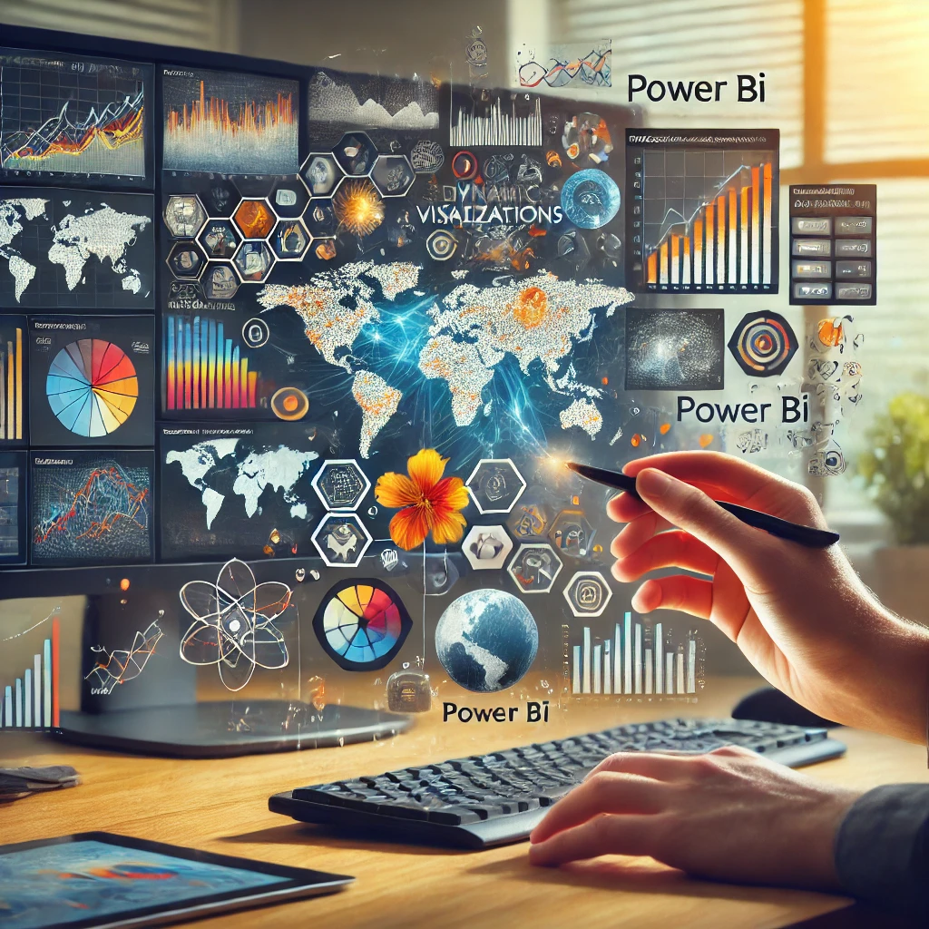 DALL·E 2024-09-20 14.17.56 – Create an image representing the creation of dynamic visualizations in Power BI. The image should show the Power BI interface with interactive charts,