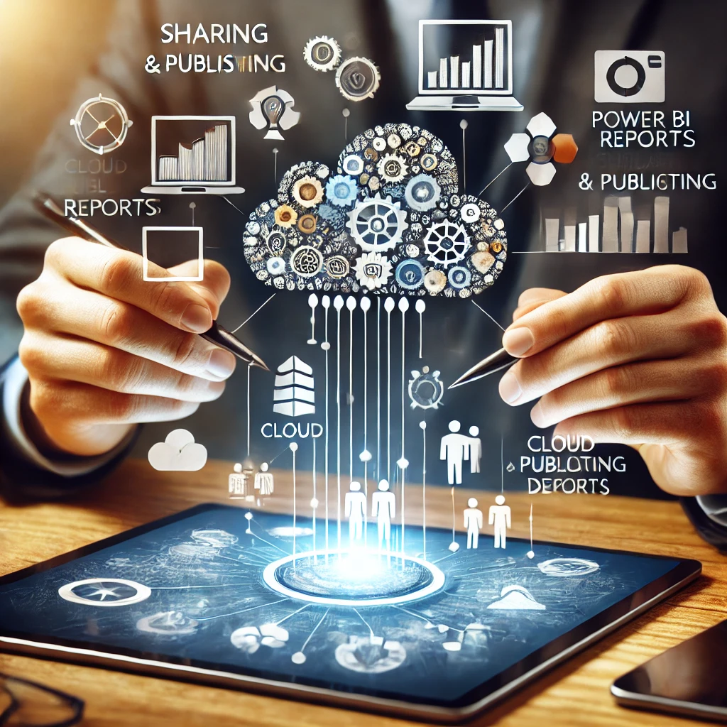 DALL·E 2024-09-20 14.18.20 – Create an image representing sharing and publishing reports in Power BI. The image should show a Power BI dashboard being shared on a cloud platform,