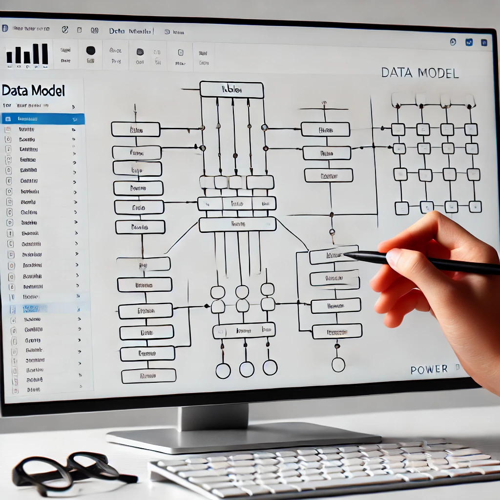 DALL·E 2024-09-20 14.19.42 – Create an image representing data modeling in Power BI. The image should depict tables linked together with relationships, visually emphasizing struct