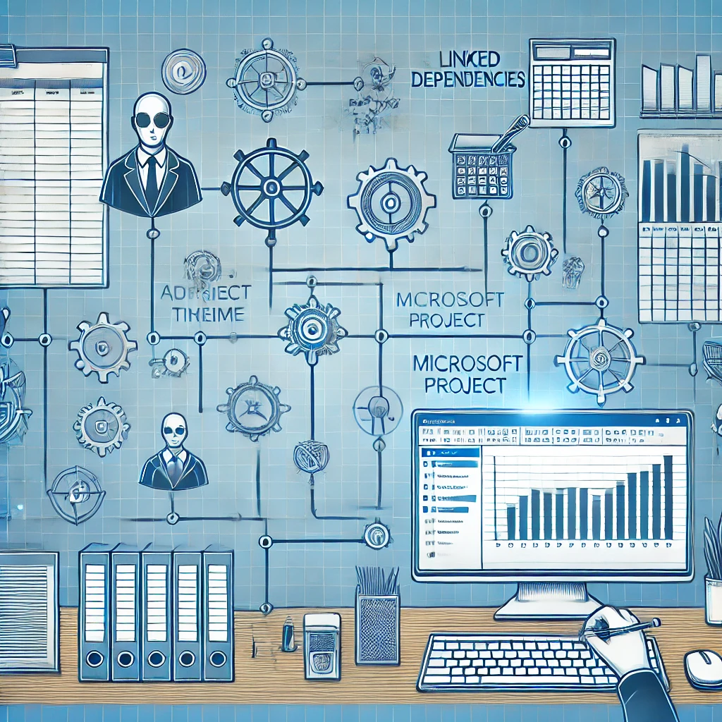 DALL·E 2024-09-20 14.40.53 – Create an image representing advanced project planning in Microsoft Project. The image should depict a project timeline or Gantt chart with tasks, dea