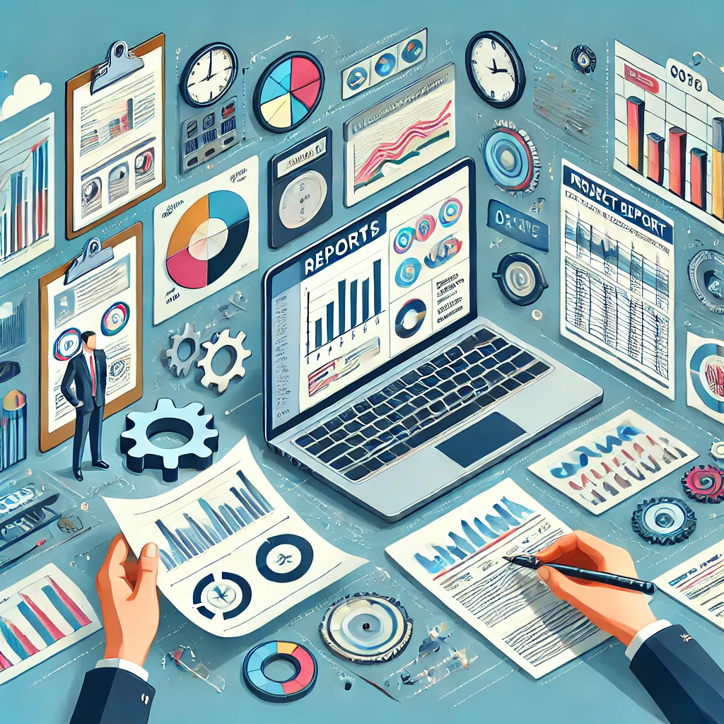 DALL·E 2024-09-20 14.41.44 – Create an image representing the creation of professional reports in Microsoft Project. Show elements like charts, graphs, and data being compiled int