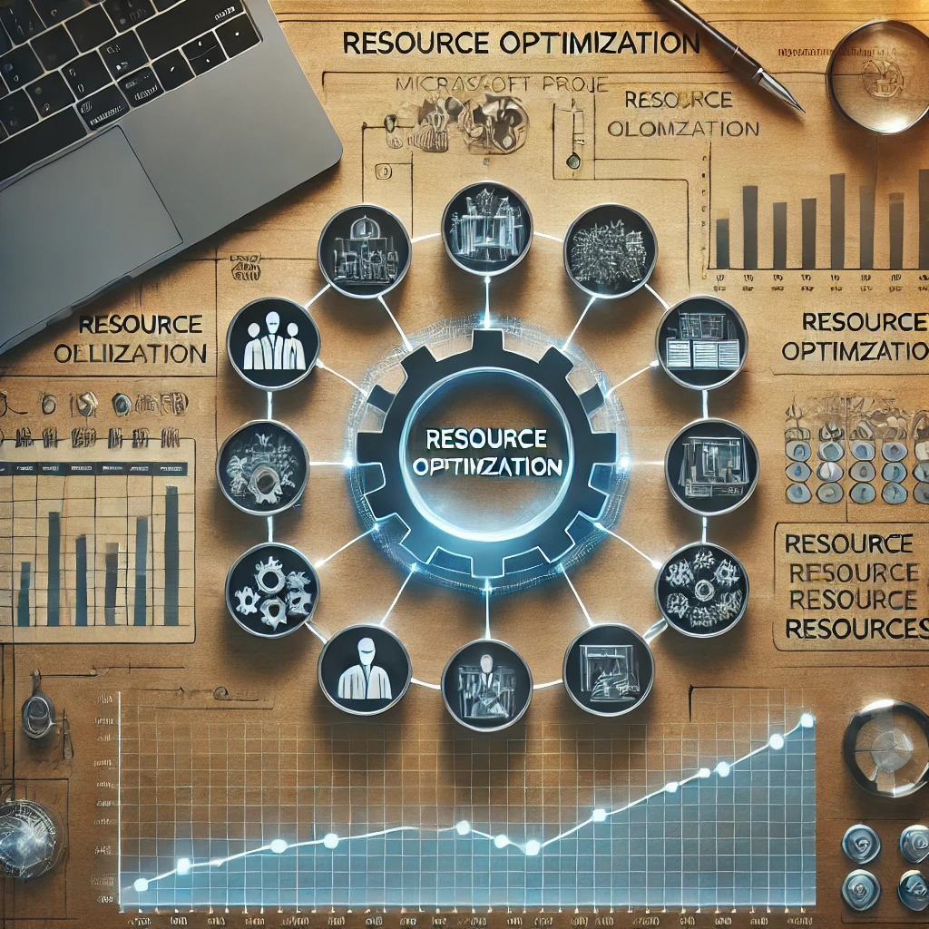 DALL·E 2024-09-20 14.42.15 – Create an image representing resource optimization in Microsoft Project. Show resource allocation charts, timelines, and resource usage graphs, emphas