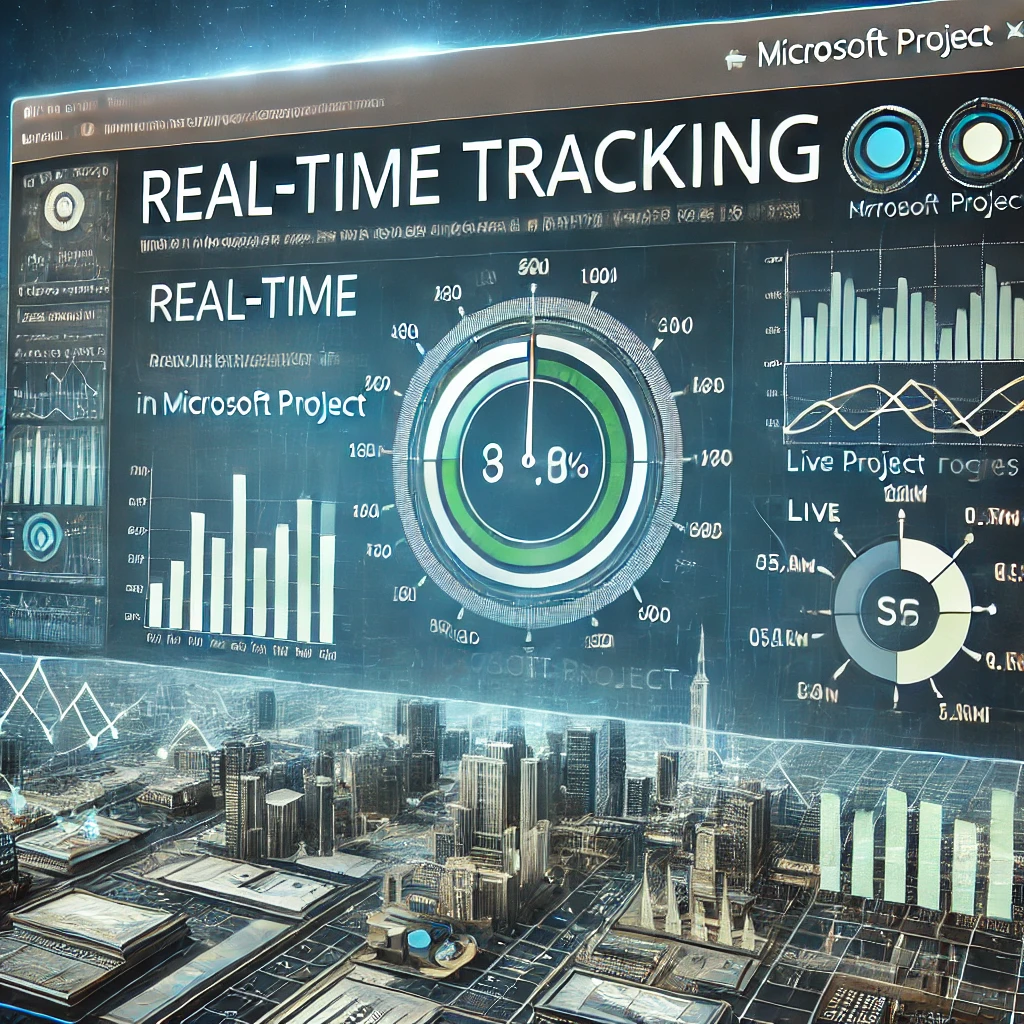 DALL·E 2024-09-20 14.43.05 – Create an image representing real-time tracking in Microsoft Project. The image should depict a dynamic dashboard with charts, timelines, and real-tim